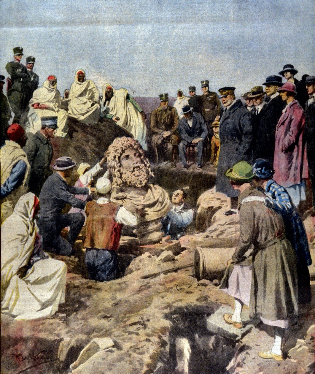 1925 में लीबिया के सबराथा में बृहस्पति की एक आवक्ष प्रतिमा की खोज। अकिल बेल्ट्रामे द्वारा चित्रण द्वारा अचिल बेल्ट्रैम