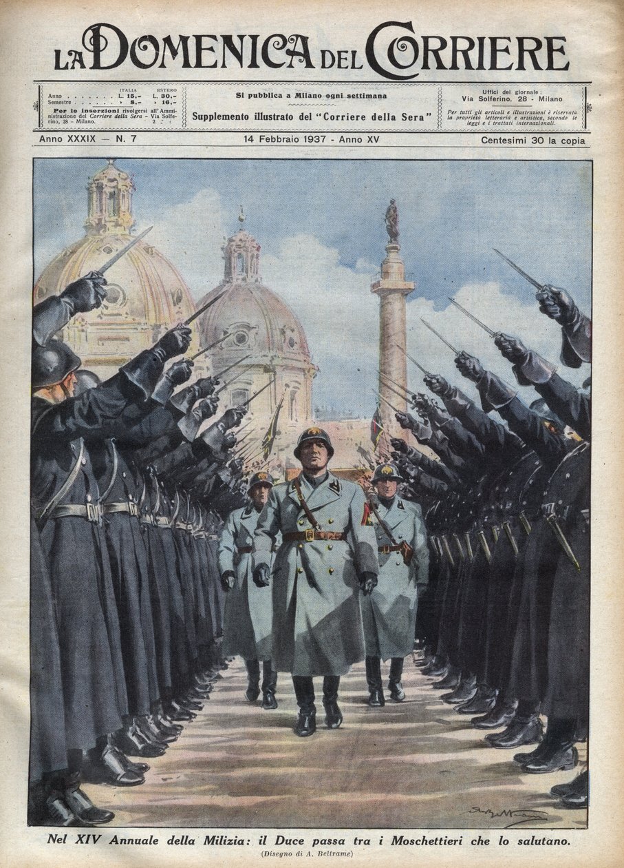 ड्यूक बेनिटो मुसोलिनी रोम में राष्ट्रीय सुरक्षा के लिए स्वयंसेवी मिलिशिया के "बंदूकधारियों" की समीक्षा करते हैं। "" द संडे ऑफ द कूरियर "" 14/02/1937 में एच्ली बेल्ट्राम का चित्रण। द्वारा अचिल बेल्ट्रैम