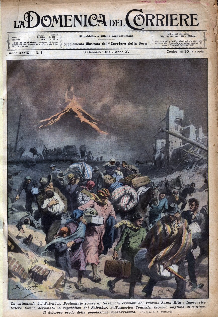 भूकंप और सांता रीटा ज्वालामुखी के विस्फोट के बाद अल सल्वाडोर की आबादी का पलायन। "" ला डोमेनिका डेल कोरिएरे "" 03/01/1937 में एचीले बेल्ट्राम का चित्रण। द्वारा अचिल बेल्ट्रैम