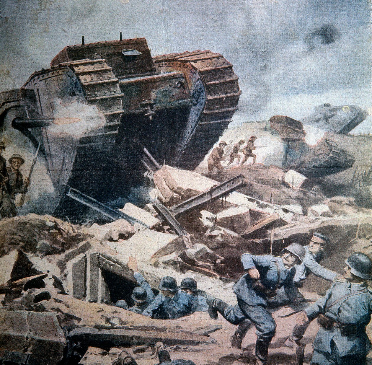 प्रथम विश्व युद्ध (1914-1918): "" पिकार्डी में अंग्रेजी टैंकों का आक्रमण"" ला डोमेनिका डेल कोरिएरे 1916 से एच्लीस बेल्ट्राम का चित्रण द्वारा अचिल बेल्ट्रैम