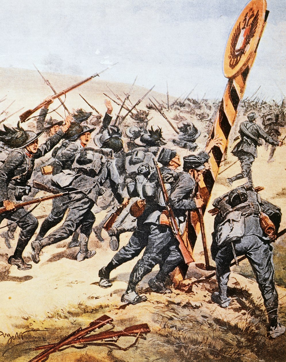 ऑस्ट्रियाई सीमा पार करने वाले इतालवी सैनिक, अकिल बेल्ट्राम (1871-1945) द्वारा, ला डोमेनिका डेल कोरिएरे से चित्रण, जून 1915 द्वारा अचिल बेल्ट्रैम