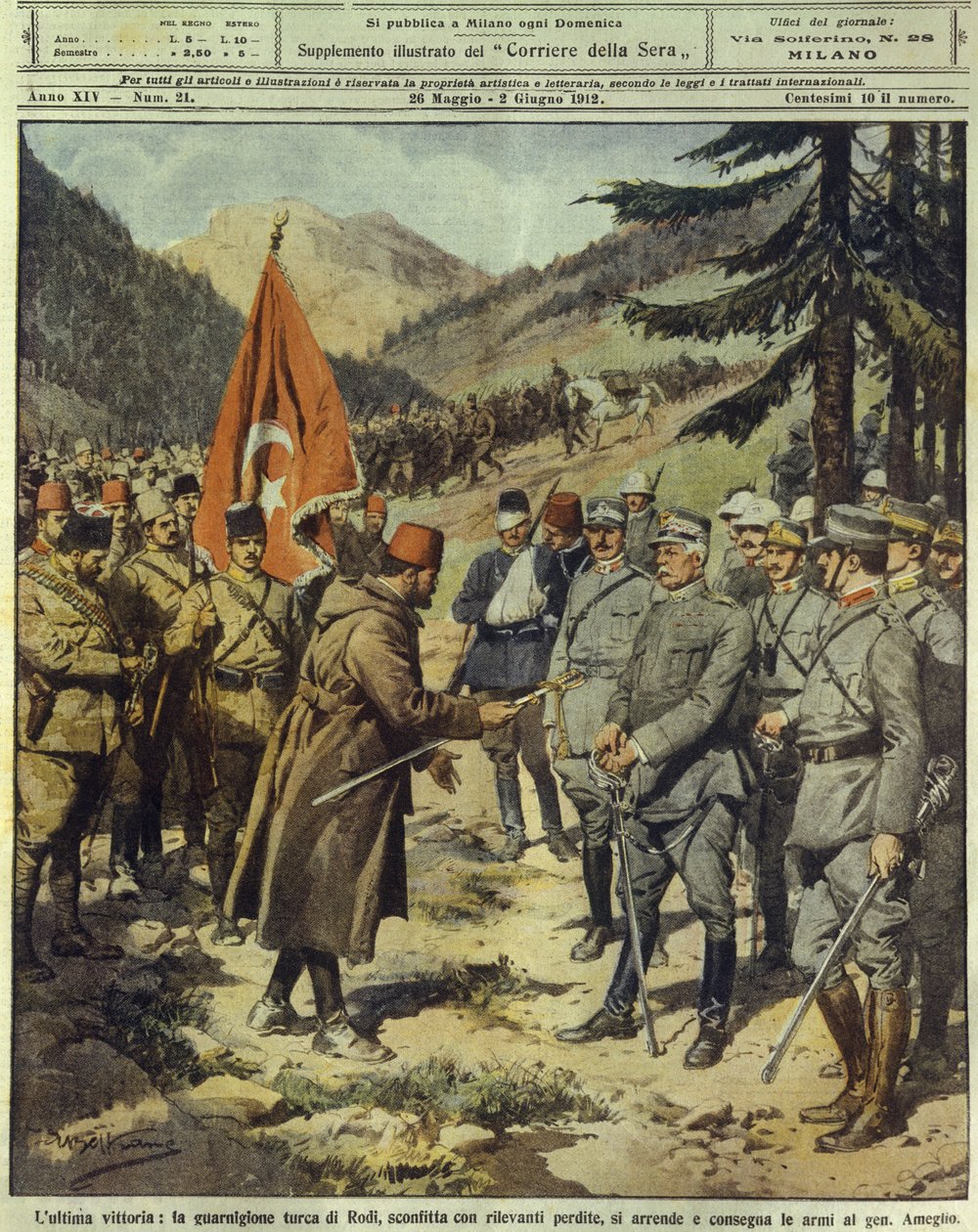 इटालो-तुर्की या लीबिया युद्ध (1911-1912), तुर्की सेना ने आत्मसमर्पण किया और रोड्स में इतालवी जनरल एमेग्लियो को हथियार दिए, 26 मई द्वारा अचिल बेल्ट्रैम