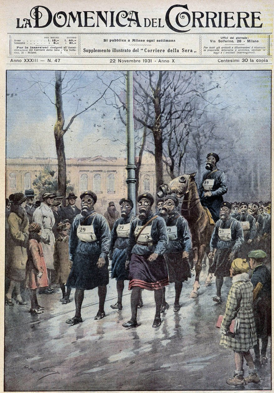 मार्च 22/11/1931 के "ला डोमेनिका डेल कोरिएरे" में ए। बेलट्राम द्वारा ड्राइंग, गैस मास्क के उपयोग में जनसंख्या का प्रयोग करने के लिए वारसॉ में आयोजित किया गया द्वारा अचिल बेल्ट्रैम