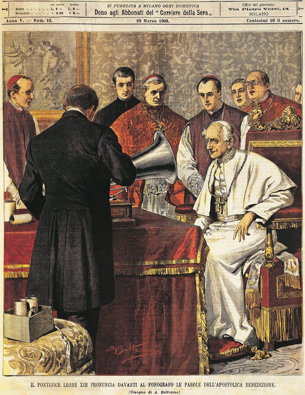 पोप लियोन XIII ने ग्रामोफोन में बेनेडिक्शन पढ़ा, अकिल बेल्ट्राम द्वारा (1871-1945), ला डोमेनिका डेल कोरिएरे से, 29 मार्च 1903 द्वारा अचिल बेल्ट्रैम