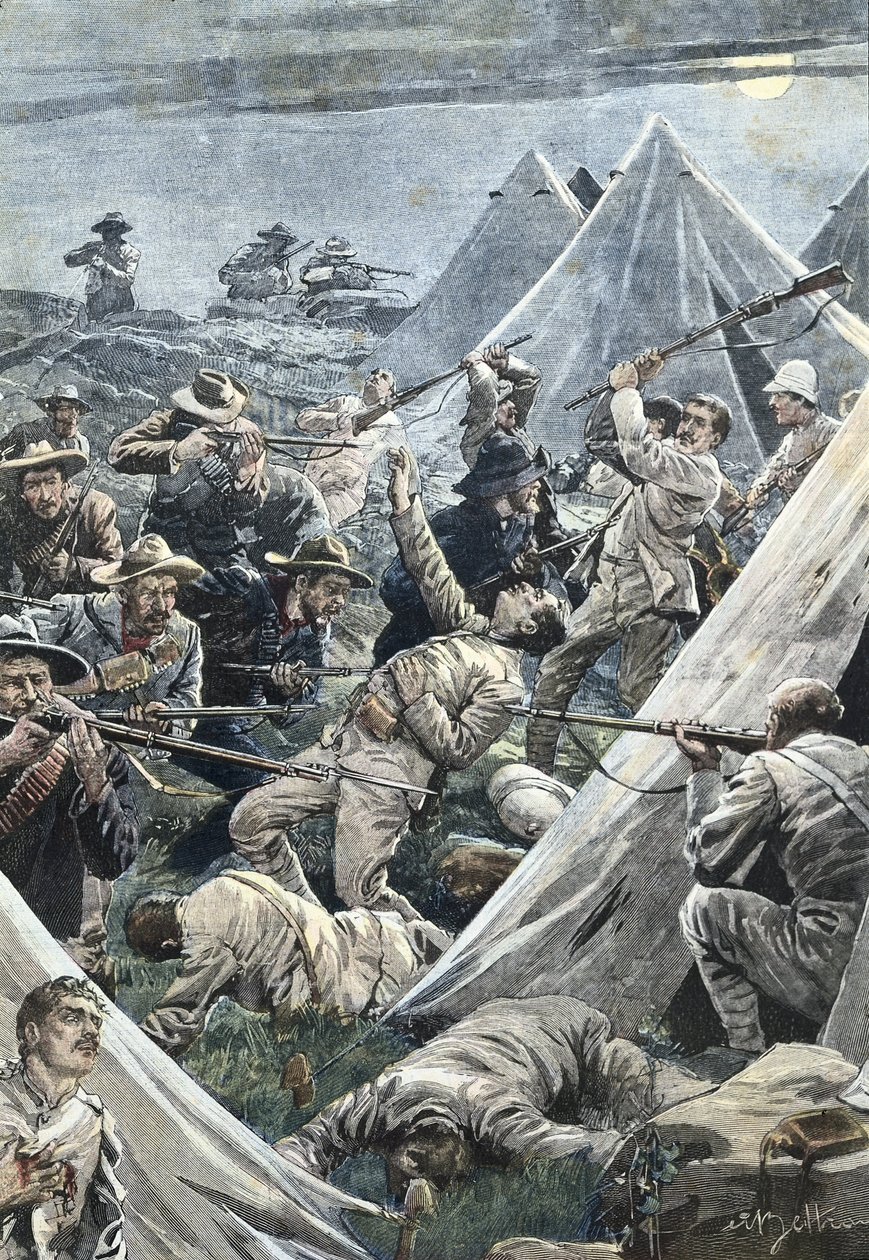 दक्षिण अफ्रीका। दूसरा बोअर युद्ध। ट्वीफोंटिन (1902) के अंग्रेजी शिविर पर हमला। अकिल बेल्ट्राम द्वारा चित्रण। उत्कीर्णन। द्वारा अचिल बेल्ट्रैम
