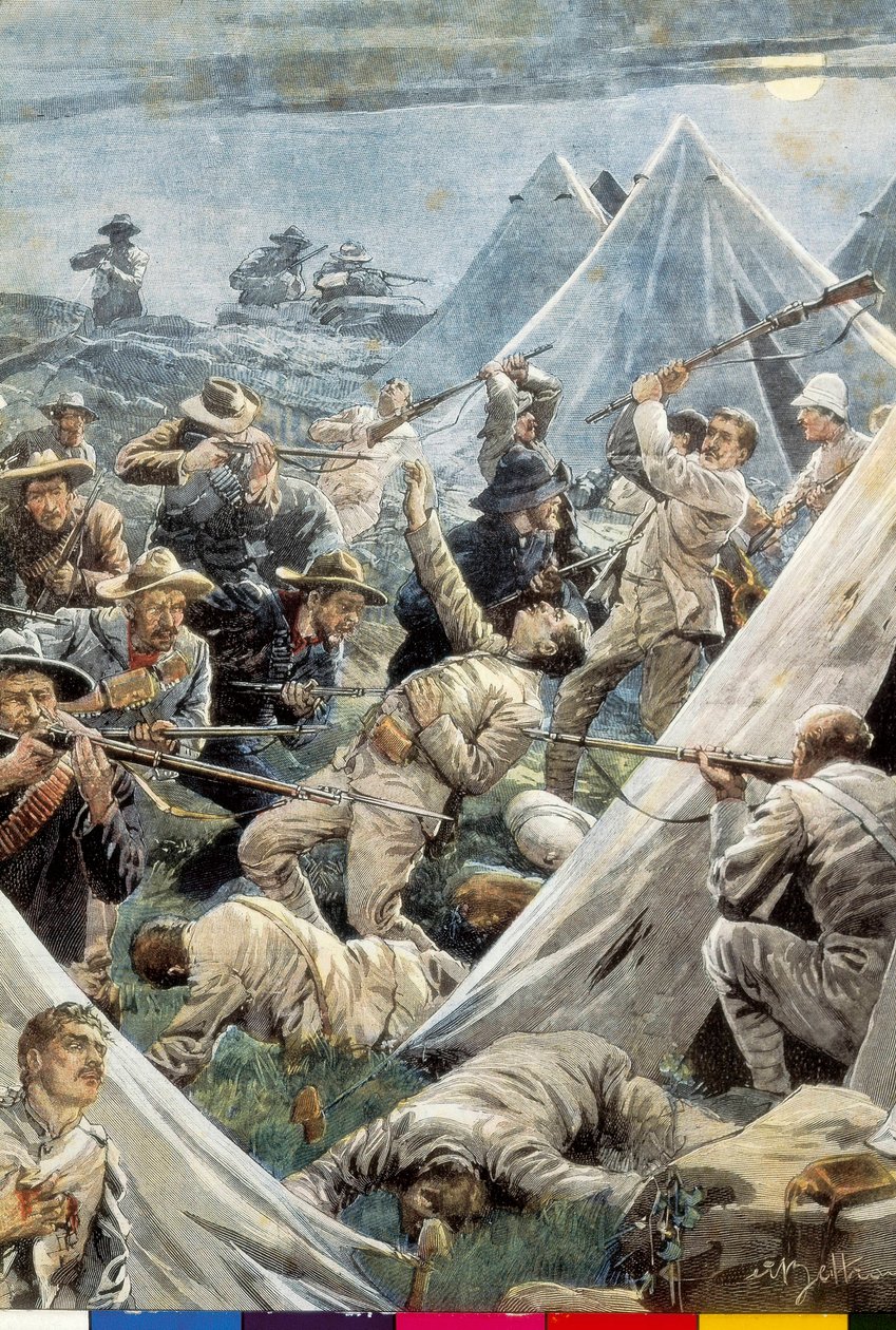 दक्षिण अफ्रीका। दूसरा बोअर युद्ध। ट्वीफोंटिन (1902) के अंग्रेजी शिविर पर हमला। Achill Beltrame द्वारा चित्रण। उत्कीर्णन। द्वारा अचिल बेल्ट्रैम