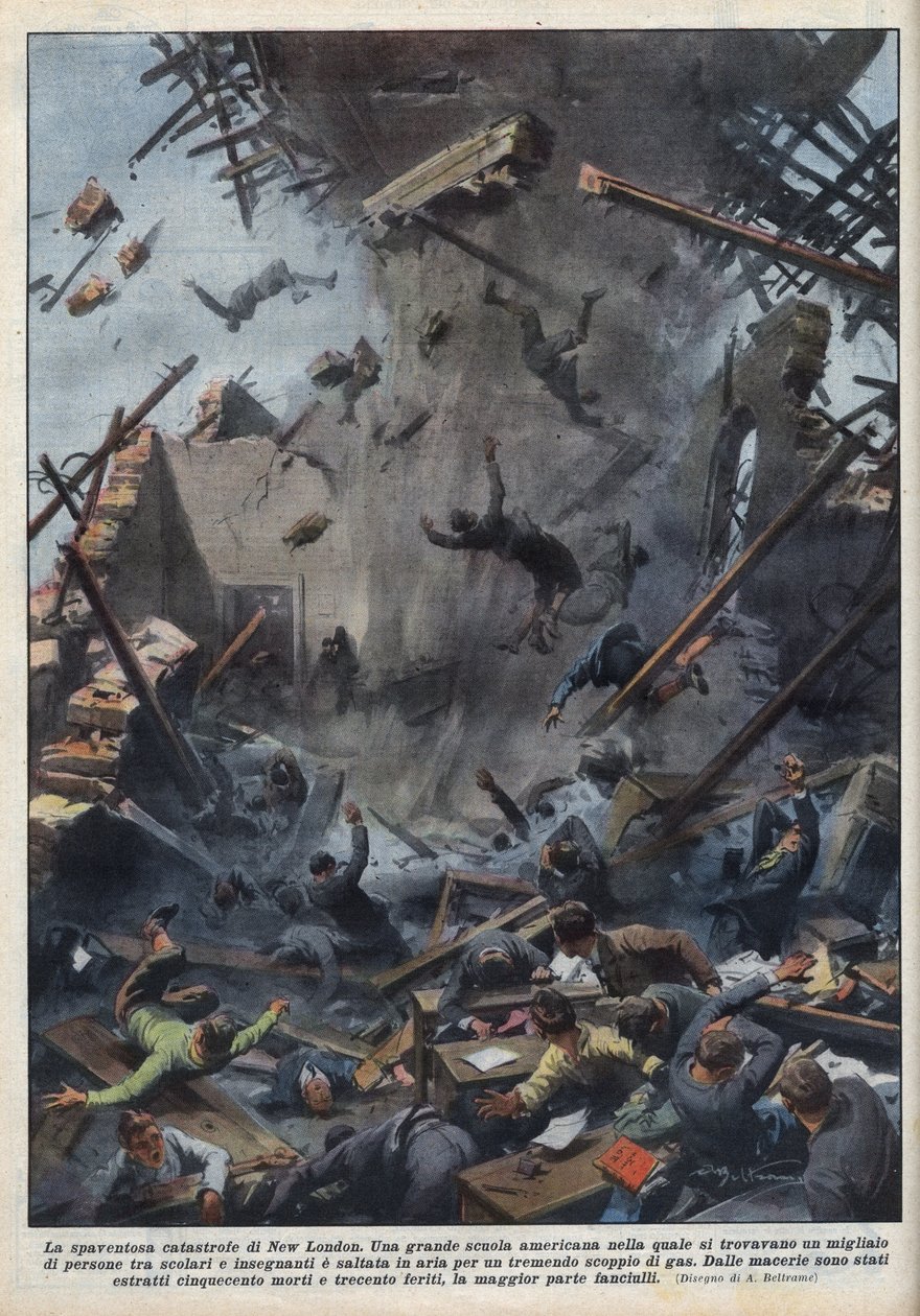 18 मार्च को गैस रिसाव के कारण न्यू लंदन, टेक्सास में एक स्कूल विस्फोट की त्रासदी। ०४/०४/१९३७ के "ला डोमेनिका डेल कोरिएरे" में एचीले बेल्ट्राम का चित्रण। द्वारा अचिल बेल्ट्रैम