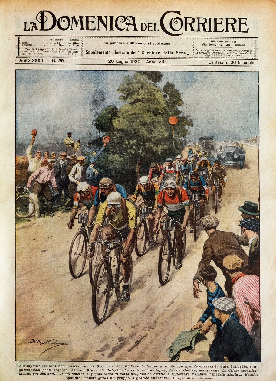 टूर डी फ्रांस, लेरको गुएरा (1902-1963) अग्रणी पैक, ला डोमेनिका डेल कोरिएरे से अकिल बेल्ट्राम (1871-9145) द्वारा चित्रण, जुलाई 20 द्वारा अचिल बेल्ट्रैम