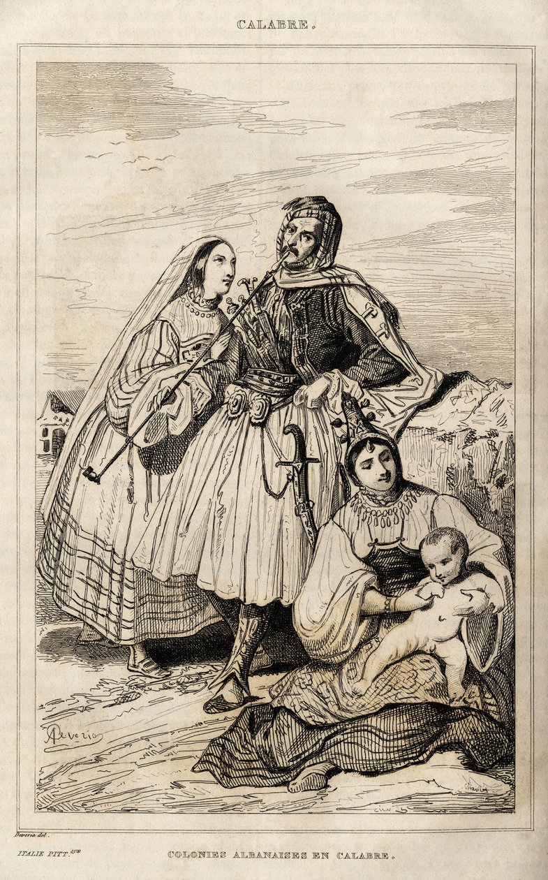 कैलाब्रिया में एक अल्बानियाई उपनिवेश, "इटली सुरम्य" में देवेरिया द्वारा उकेरा गया, एमेबल कोस्टे संपादक, पेरिस द्वारा अकिल देवेरिया