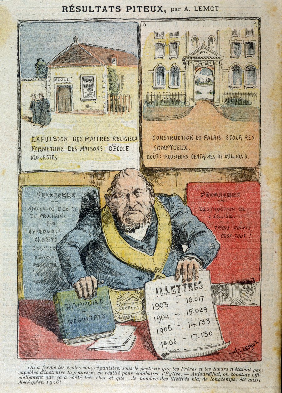 लाइक और निजी शिक्षा के बीच विरोध पर कार्टून - अकिल लेमोट (1846-1909) द्वारा, "ले पेलेरिन" में द्वारा अकिल लिमोट