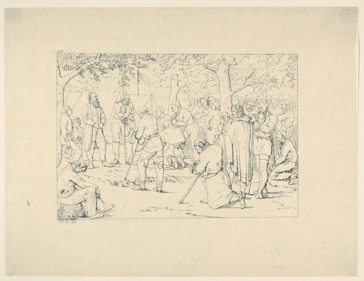 1861-63 के कन्फेडरेट वॉर एचिंग्स से स्टोनवेल जैक्सन के शिविर में प्रार्थना। द्वारा एडलबर्ट जॉन वोल्क