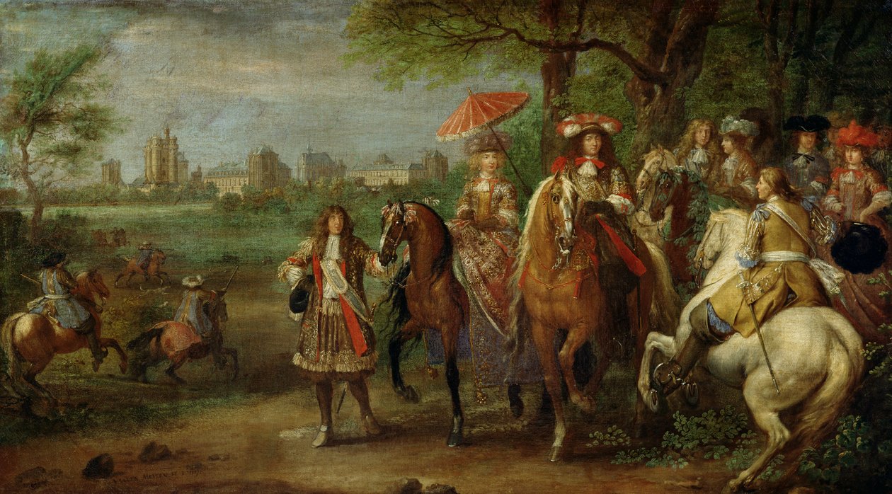 लुसे XIV (1638-1715) और ऑस्ट्रिया के मारिया थेरेसा (1638-83) के साथ चैटो डे विन्नेनेस का दृश्य, 1669 द्वारा एडम फ्रैंस वैन डेर म्यूलन