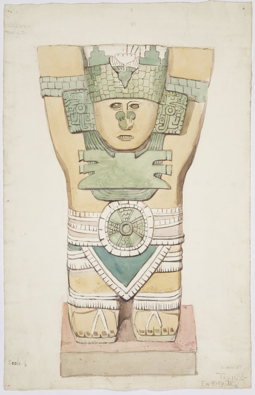 Caryatid III, बाहरी कक्ष, जगुआर का ऊपरी मंदिर (मंदिर ए), चिचेन इट्ज़ा, मेक्सिको (जल रंग) द्वारा एडेला ब्रेटन