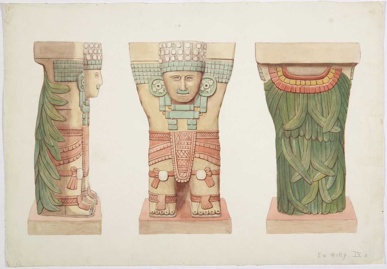 Caryatid IX, सामने, बगल और पीछे के दृश्य दिखा रहा है (वाटरकलर) द्वारा एडेला ब्रेटन