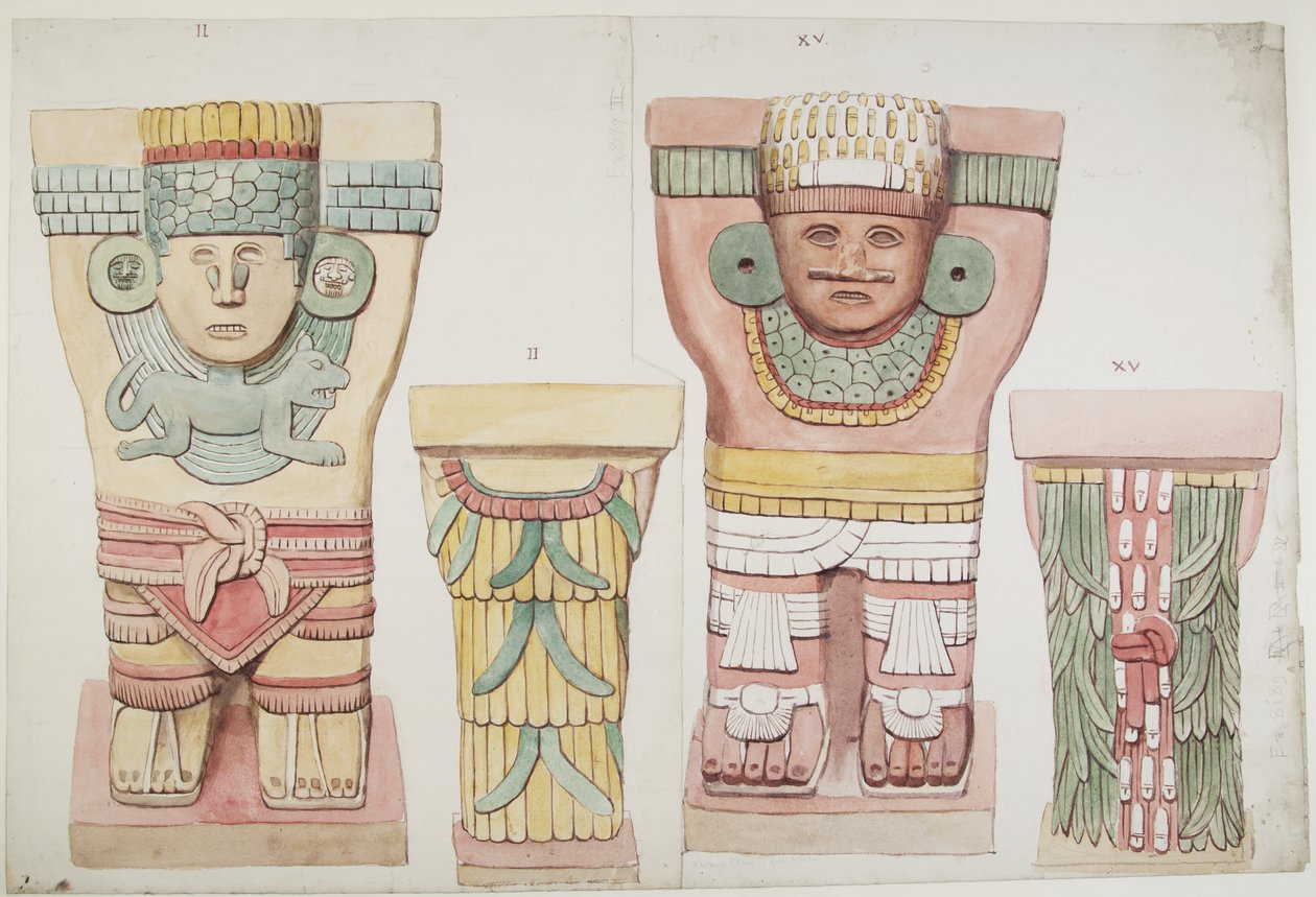 Caryatids II और XV बाहरी कक्ष से, जगुआर के ऊपरी मंदिर, चिचेन इट्ज़ा, मैक्सिको (जल रंग) द्वारा एडेला ब्रेटन