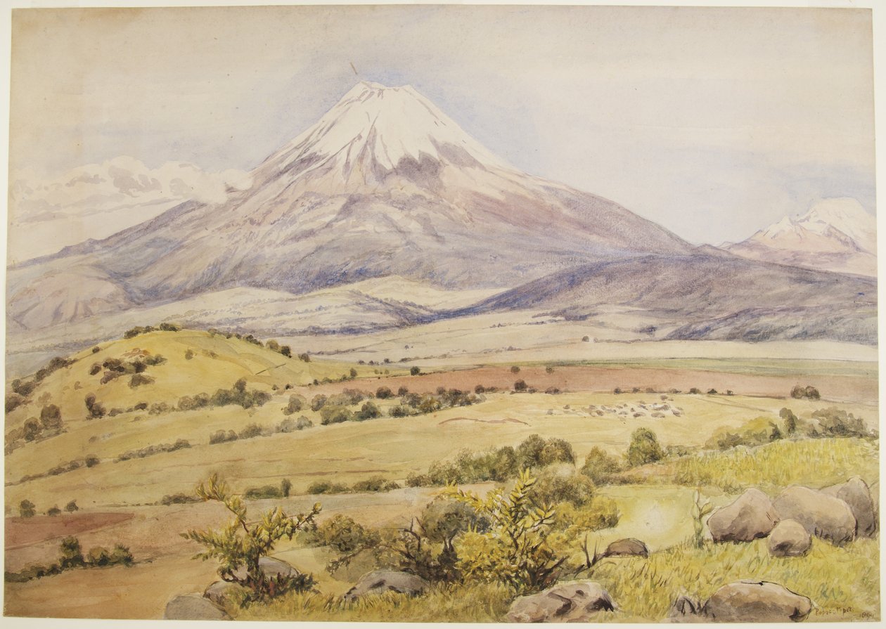 एटलिक्सको, पुएब्ला, मेक्सिको (वाटरकलर और बॉडी कलर) से 10 30am Popocatépetl पर बादल आ रहा है द्वारा एडेला ब्रेटन