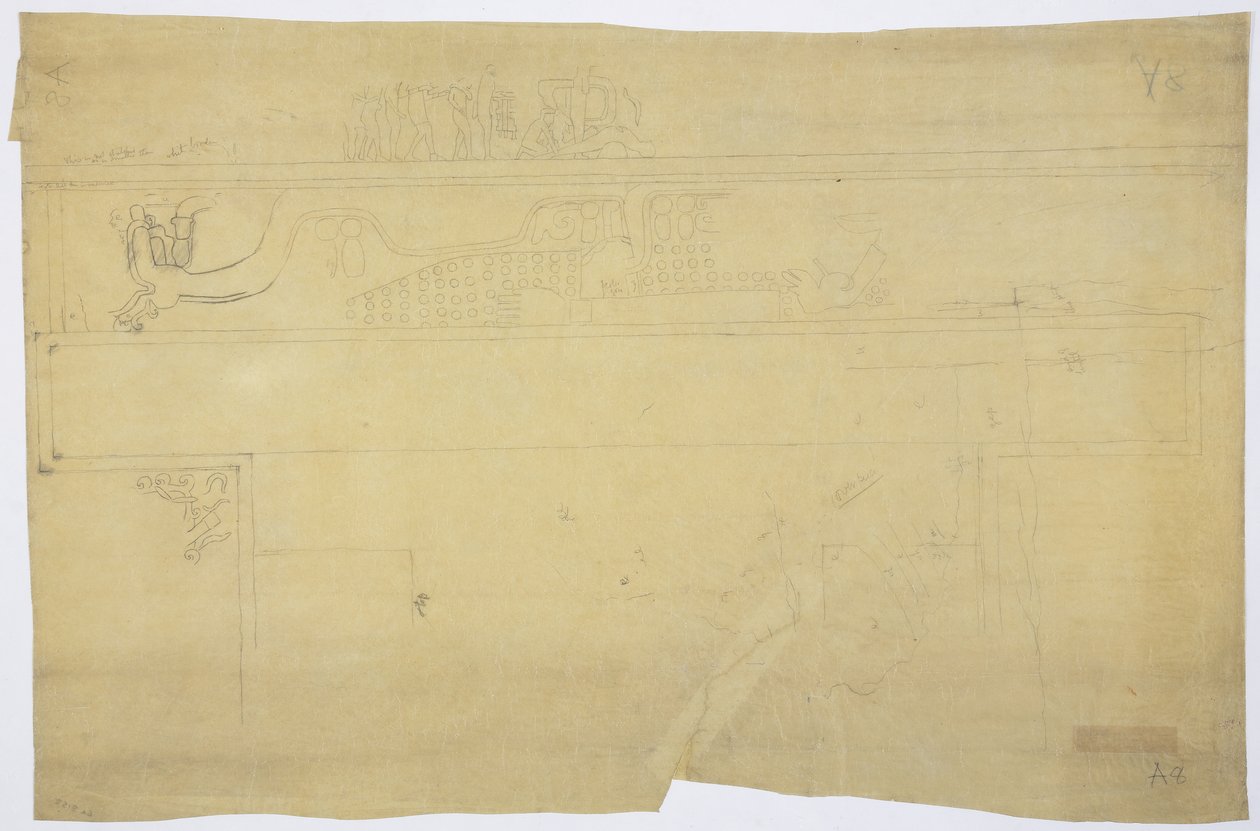 दरवाजे के ऊपर से दीवार पेंटिंग की एक अनुरेखण की प्रतिलिपि, जगुआर के ऊपरी मंदिर, चिचेन इट्ज़ा, मेक्सिको पेंसिल 'मानव बलिदान' (ग्रेफाइट) द्वारा एडेला ब्रेटन