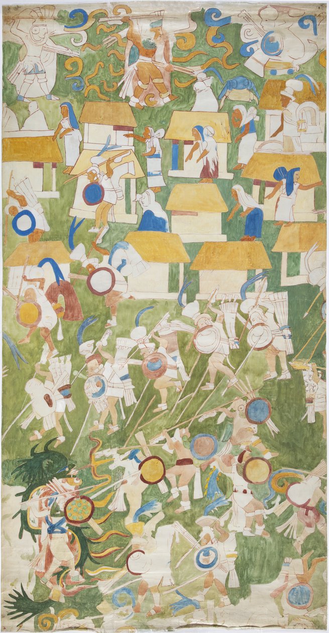 पश्चिमी दीवार के दक्षिणी पैनल, जगुआर के ऊपरी मंदिर, चिचेन इट्ज़ा, मैक्सिको (जल रंग और ग्रेफाइट) से एक भित्ति चित्र का पता लगाना द्वारा एडेला ब्रेटन