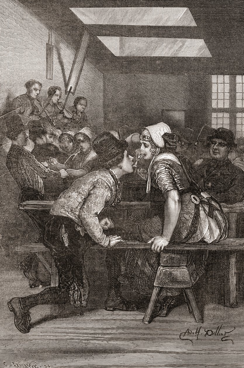 एक युवक अपने प्रेमी के लिए पीने के लिए अपने दांतों में एक ग्लास रखता है, जोलैंड, नीदरलैंड, चार्ल्स लैपलैंट (d.1903) द्वारा उत्कीर्ण, &39;द वर्ल्ड इन द हैंड्स&39; से चित्रण, 1878 में प्रकाशित द्वारा एडोल्फ अलेक्जेंडर डिलेंस