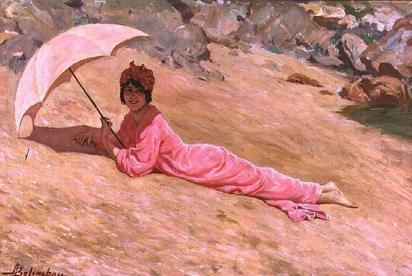 गुलाबी छत्र के साथ समुद्र तट पर लेटी लड़की (कैनवास पर तेल) द्वारा अडोल्फ़ो बेलिंबौ