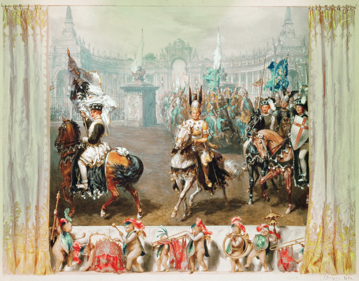 नाइट टूर्नामेंट, 1854 (कागज पर wc und gouache) द्वारा एडॉल्फ मेंजेल