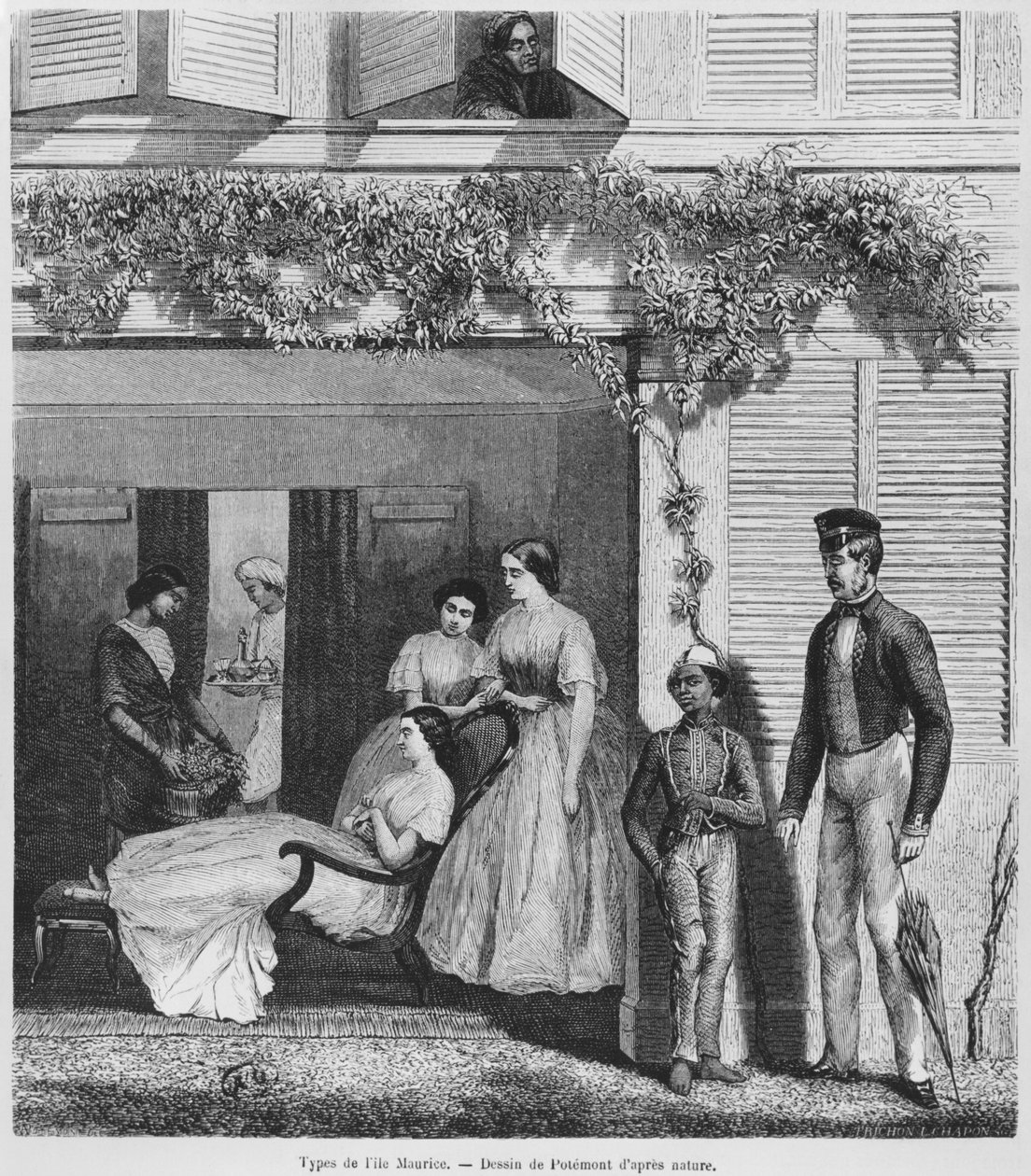 यूरोपीय लोग और मॉरीशस के निवासी, c.1857 (bw उत्कीर्णन) द्वारा एडोलपे मार्शल पोमोंट