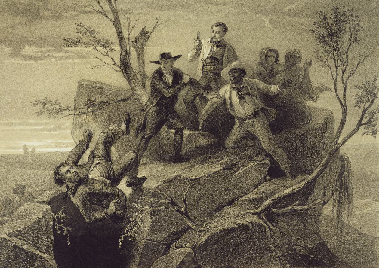 जॉर्ज और टॉम लॉकर के बीच की लड़ाई, हैरियट बीचर स्टोव द्वारा &39;अंकल टॉम के केबिन&39; से प्लेट 8 (1811-96) हेनरी-डिज़ायर चार्पियर (1806-83) द्वारा उत्कीर्ण द्वारा अडोलफे जीन बैप्टिस्ट बेओट