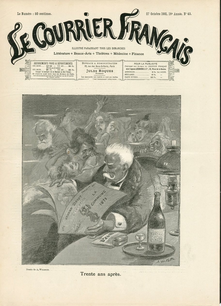 "" Le Courrier francais "" का कवर, नंबर 43, B & W . में व्यंग्य द्वारा एडोल्फ लियोन विलेट