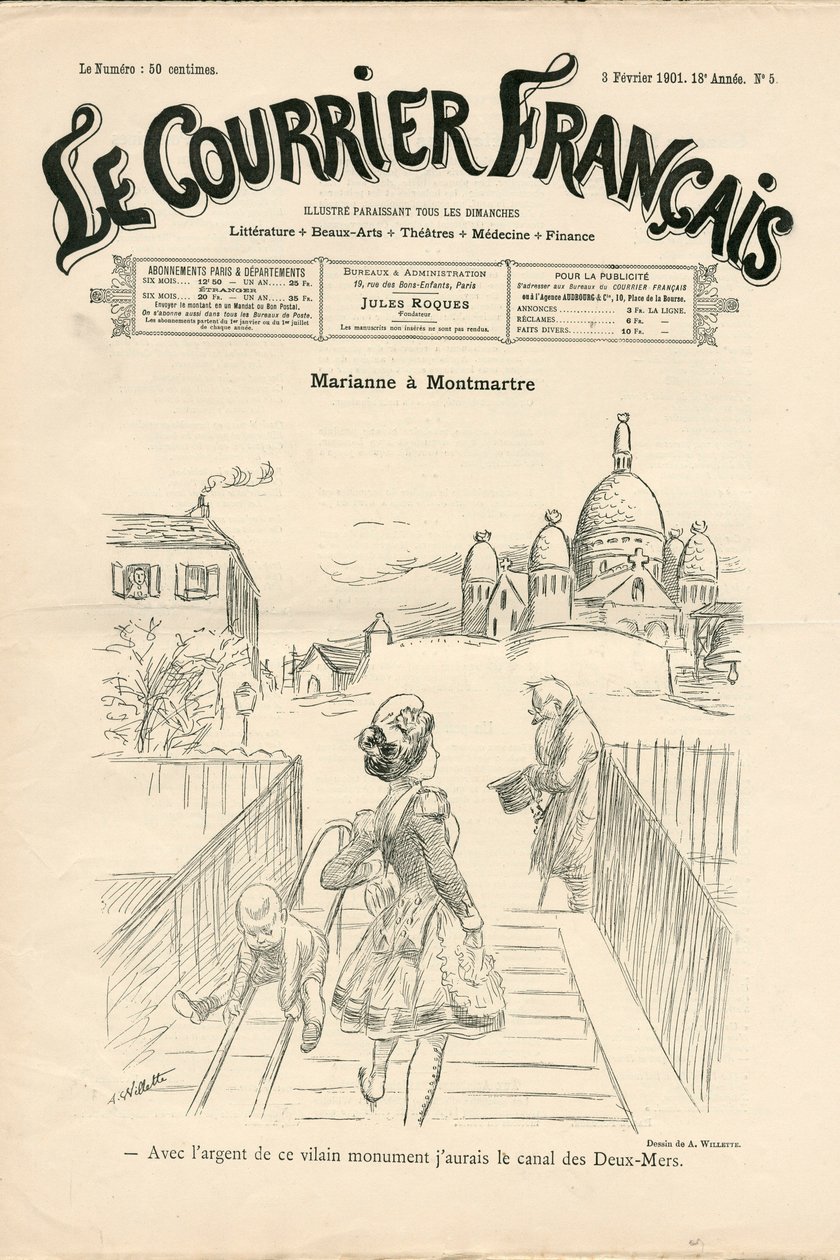 "" Le Courrier francais "" का कवर, नंबर 5, B & W . में व्यंग्य द्वारा एडोल्फ लियोन विलेट