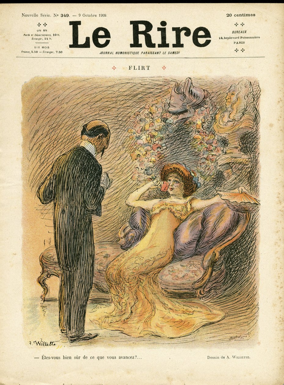 Le Rire, 09/10/09 के कवर के लिए Adolphe dit Willette (1857-1926) का चित्रण - इश्कबाज - प्यार, फैशन, आंतरिक वास्तुकला द्वारा एडोल्फ लियोन विलेट