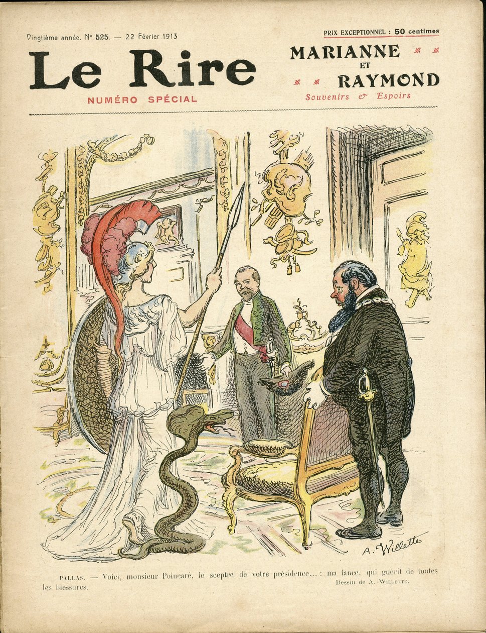 Le Rire, 22/02/13 के कवर के लिए Adolphe dit Willette (1857-1926) का चित्रण - गणतंत्र के राष्ट्रपति, Hat, Elysee, armchair (शक्ति का प्रतीक) - Poinscare Raymond द्वारा एडोल्फ लियोन विलेट