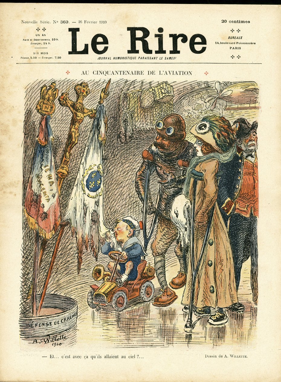 Le Rire, 26/02/10 के कवर के लिए Adolphe dit Willette (1857-1926) का चित्रण - विमानन की पचासवीं वर्षगांठ पर - विमानन, फैशन, टोपी, दुर्घटना आपदाएं द्वारा एडोल्फ लियोन विलेट