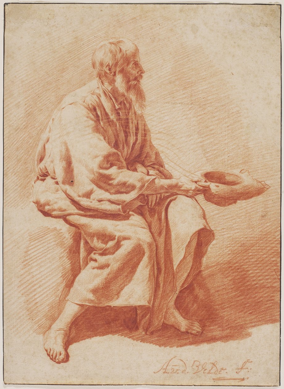 बैठा बूढ़ा आदमी, c.1666 (काले कागज पर काले चाक के निशान के साथ लाल चाक) द्वारा एड्रिएन वैन डे वेलडे