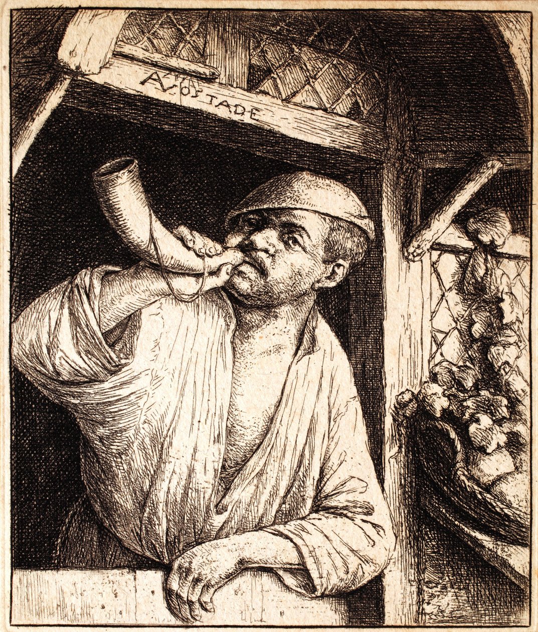 बेकर साउंडिंग हिज हॉर्न, c.1670 द्वारा एड्रिएन जंज़। वैन ओस्टेड