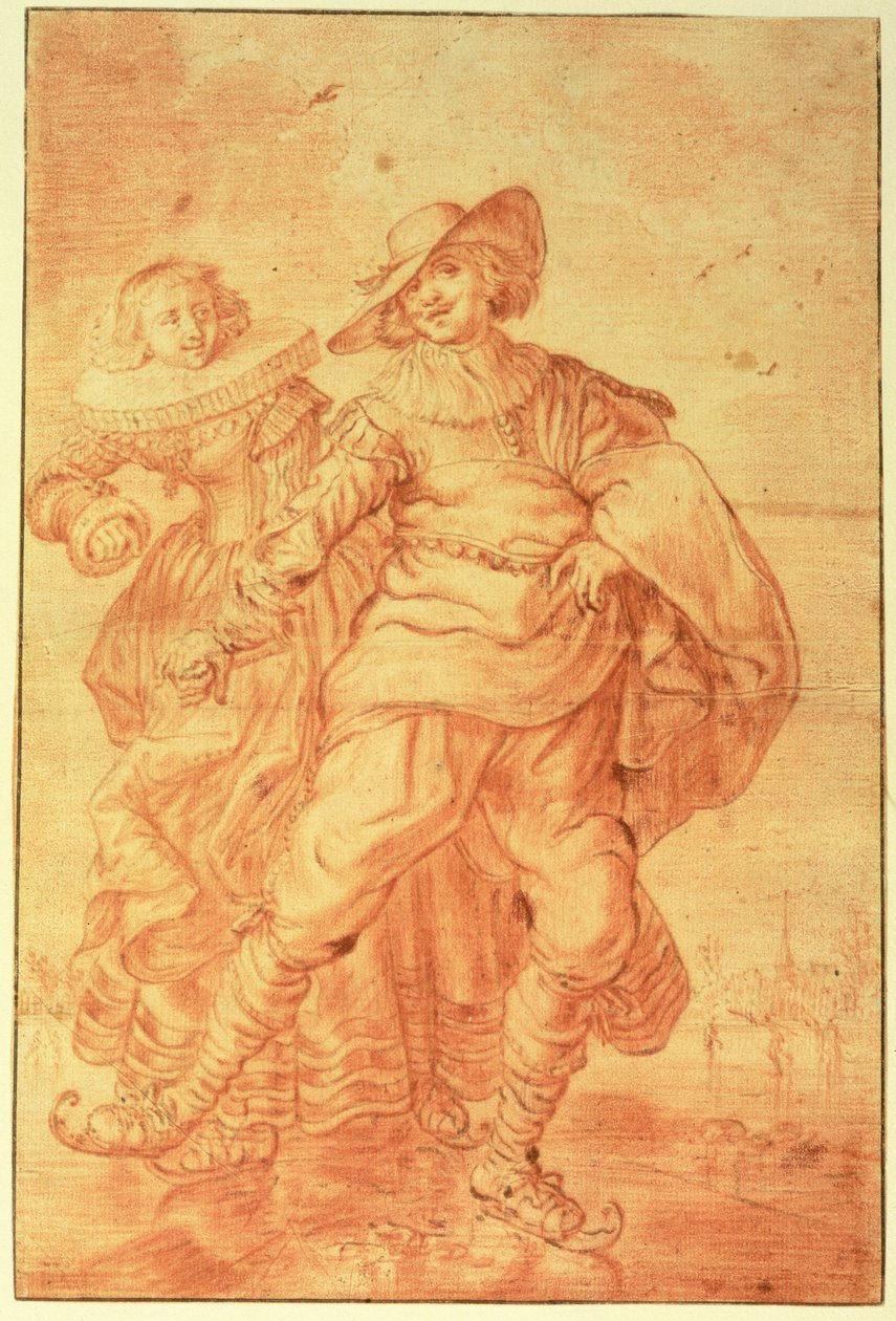 बर्फ पर एक महिला और सज्जन स्केटिंग, c.1625 (कागज पर लाल चाक) द्वारा एड्रिएन पिएटर्सज़ वैन डे वेने