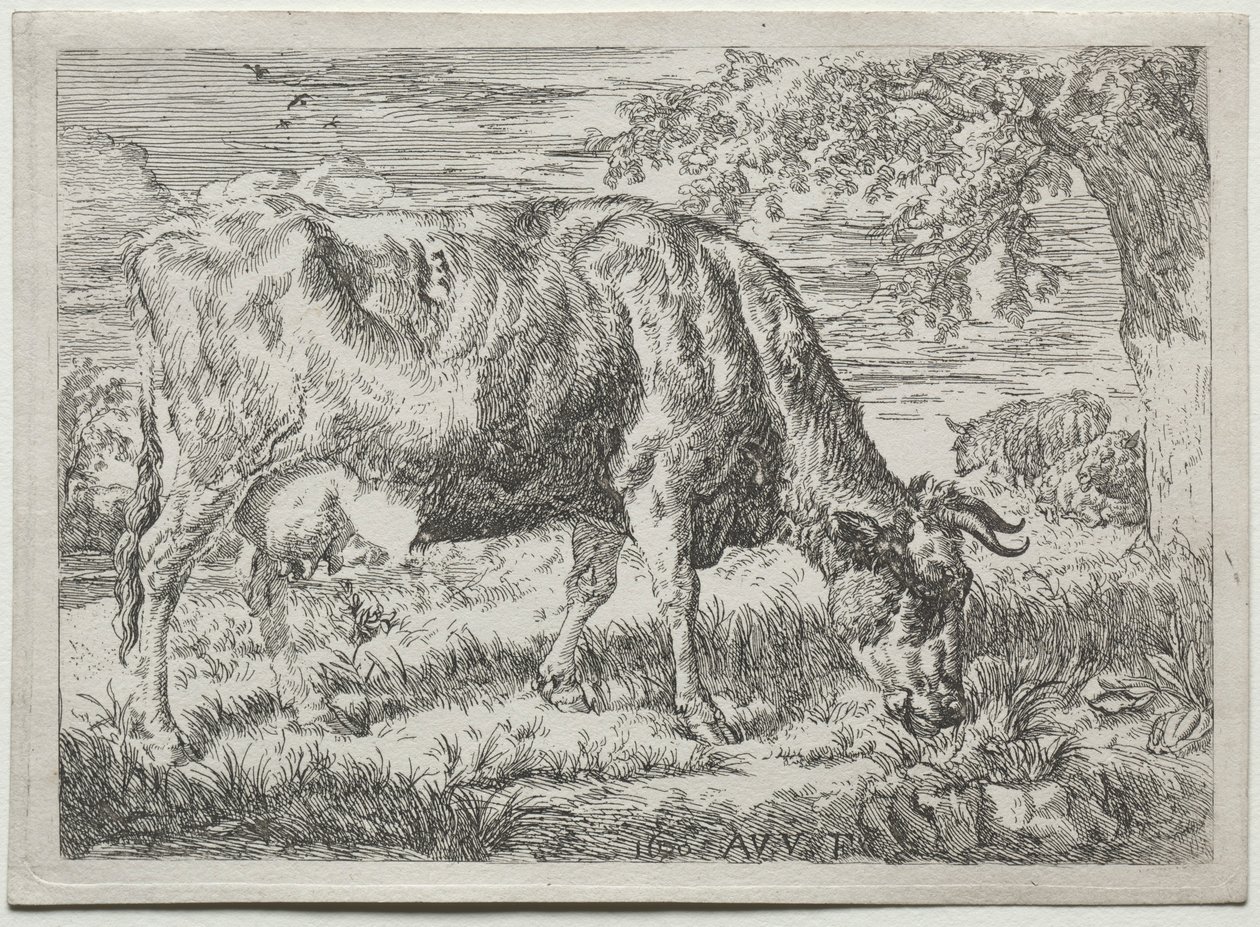 एक पेड़ के पैर में गाय और दो भेड़, 1670। द्वारा एड्रिएन वैन डे वेलडे