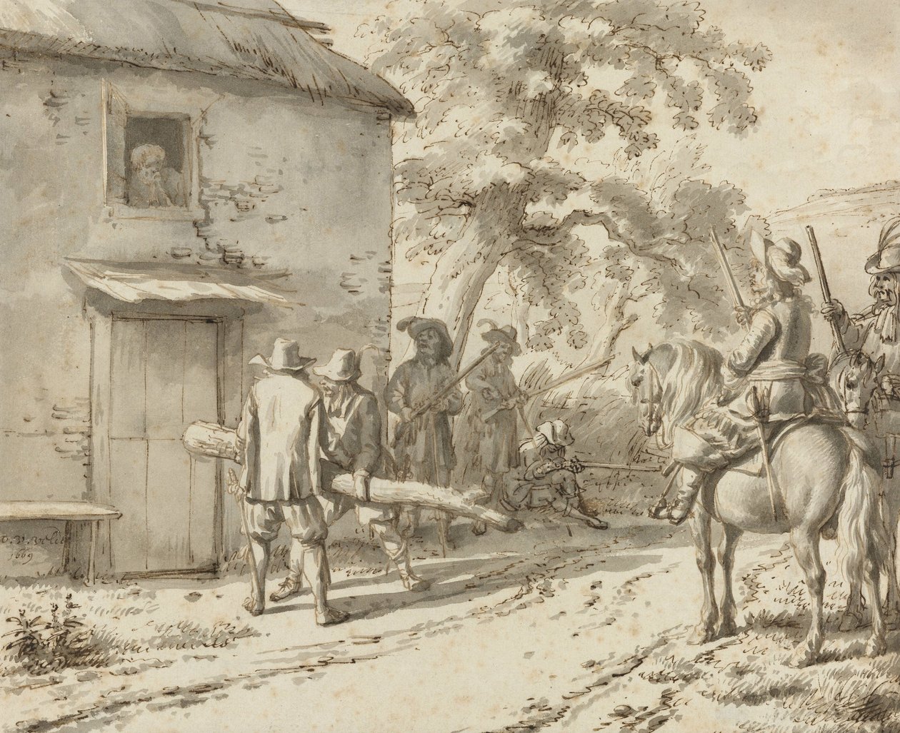 सैनिक एक दरवाजे को बल देते हैं, 1669 (कलम और स्याही ड्राइंग) द्वारा एड्रिएन वैन डे वेलडे