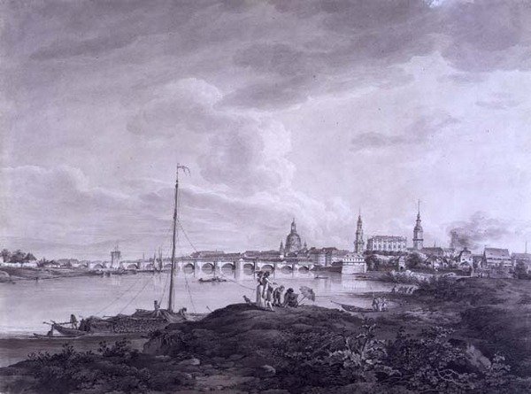 ड्रेसडेन का दृश्य, c.1788 (कागज पर स्याही और ग्रेफाइट पर धोना) द्वारा एड्रियन ज़िंगग