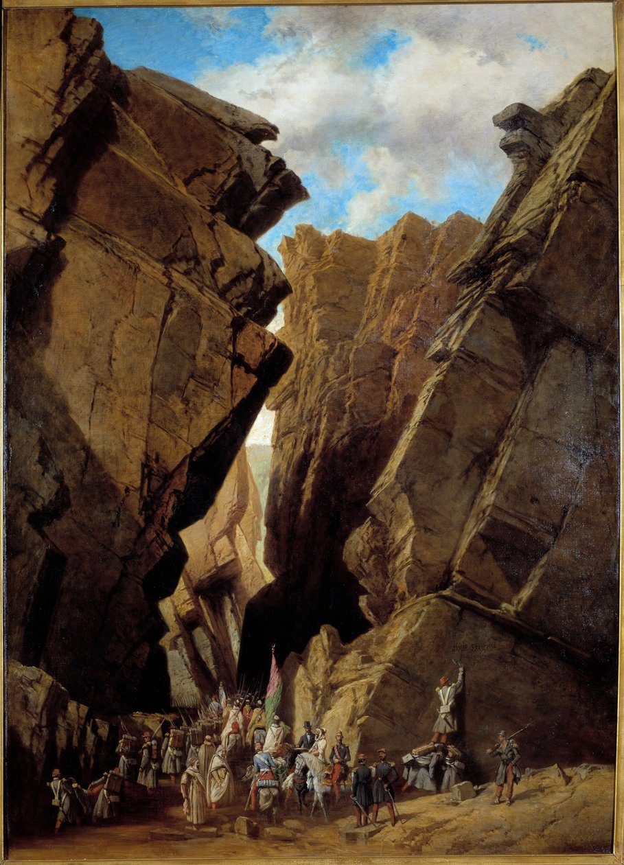 अल्जीरिया का फ्रांसीसी उपनिवेश: "" 28/10/1839 को अल्जीरिया में आयरन गेट का मार्ग"" 1839 में ड्यूक ऑफ ऑरलियन्स द्वारा निर्देशित फ्रांसीसी अभियान, बिबंस के मार्ग को पार करता है। एड्रियन दौज़त द्वारा पेंटिंग (1804-1868) 1869 सन। 1,46x1,05  द्वारा एड्रिएन दुजात्स