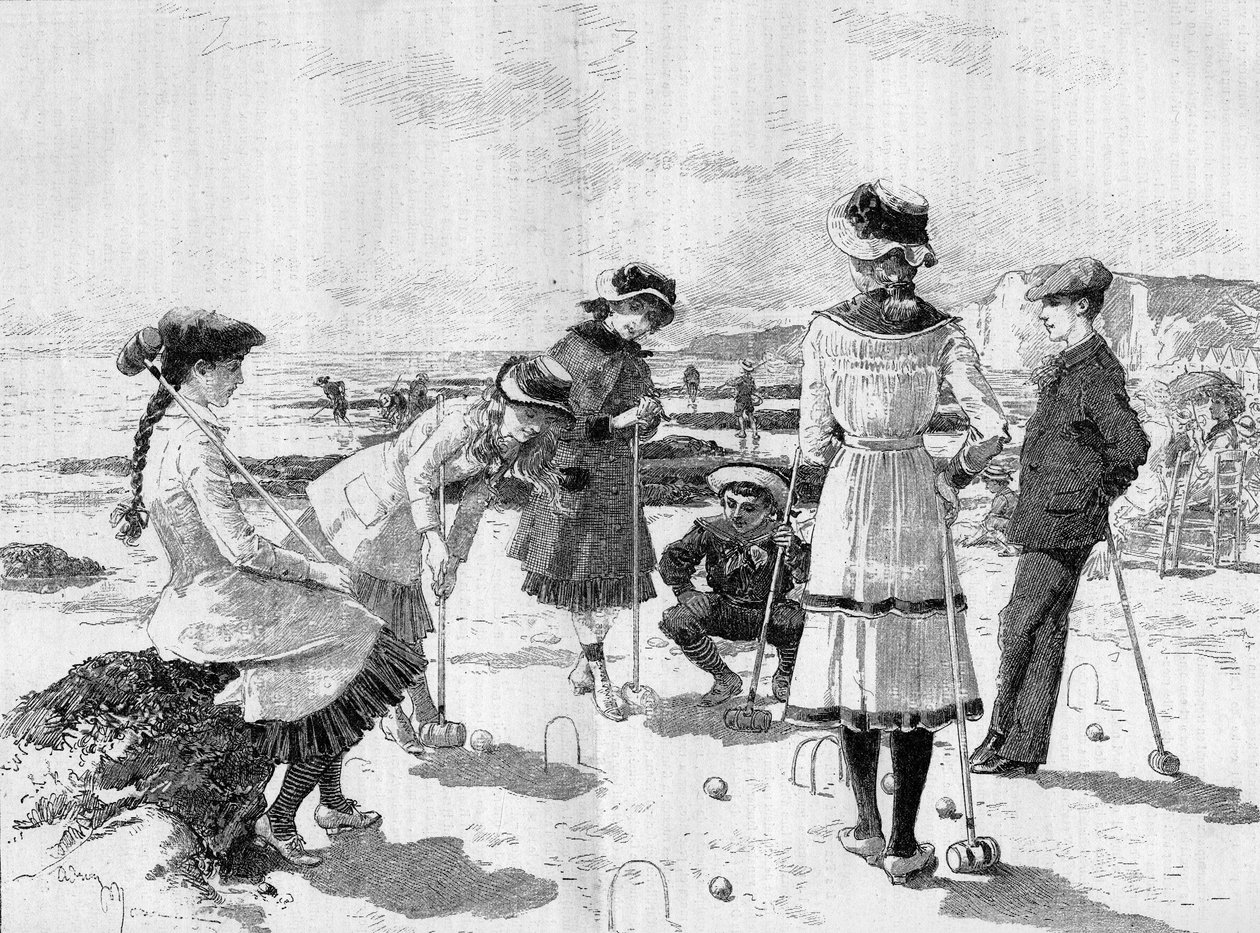समुद्र तट पर क्रोकेट खेलते बच्चे। 17 सितंबर 1881 के "" ले मोंडे इलस्ट्रे"" n°1277 में एड्रियन मैरी द्वारा उत्कीर्णन। द्वारा एड्रिएन इमैनुएल मैरी