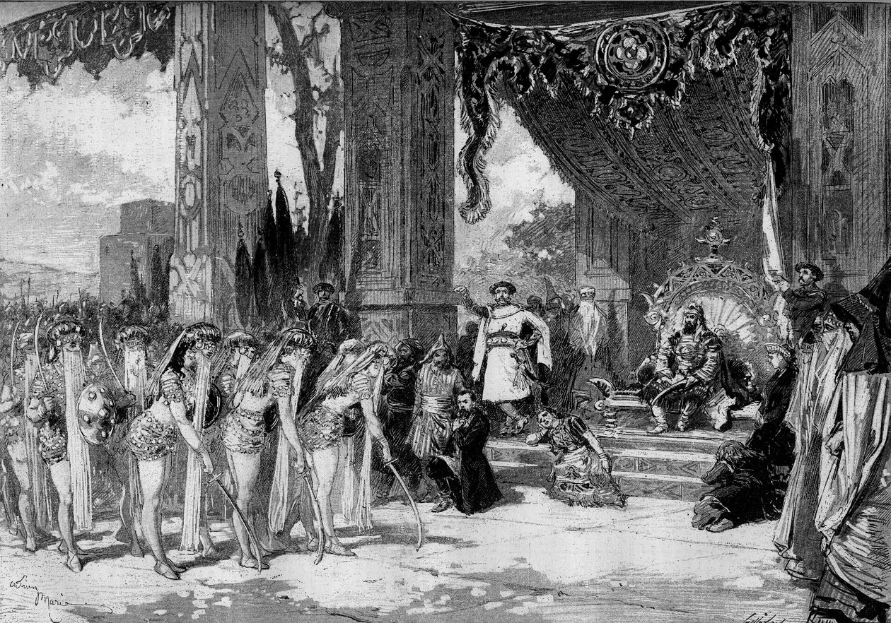 नाट्य प्रतिनिधित्व: जूल्स वर्ने (1828-1905) और एडोल्फ डी'नेरी (डेनेरी) (1811-1899) द्वारा "" मिशेल स्ट्रोगॉफ ""। 9वीं पेंटिंग: अमीर और तातार पार्टी का शिविर, अमीर के लिए अमेज़ॅन का उद्धार। डेकोर डे चेरेट। पेरिस, थिएटर डु चाओ द्वारा एड्रिएन इमैनुएल मैरी