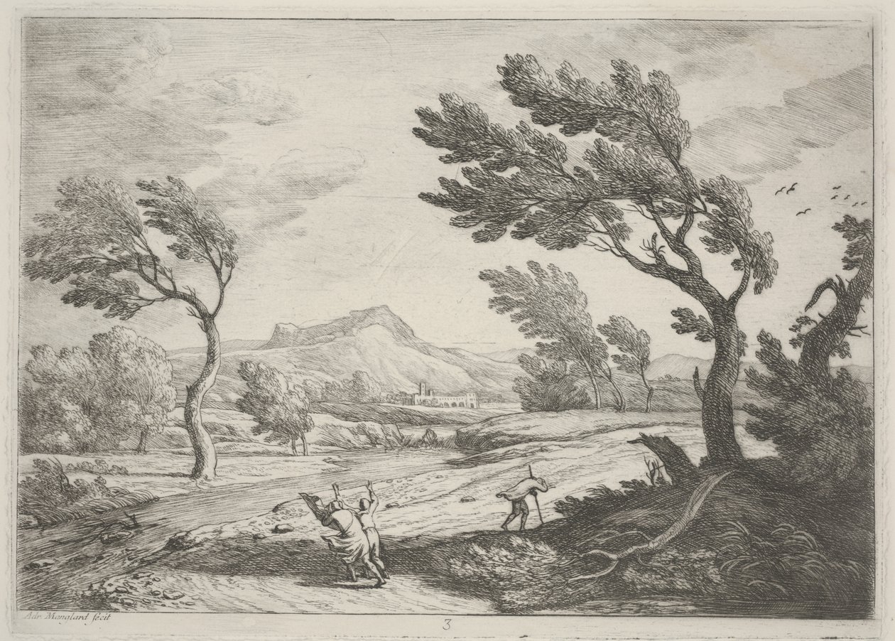 एक उच्च हवा में यात्रियों के साथ लैंडस्केप, c.1753 (नक़्क़ाशी) द्वारा एड्रियन मंगलार्ड
