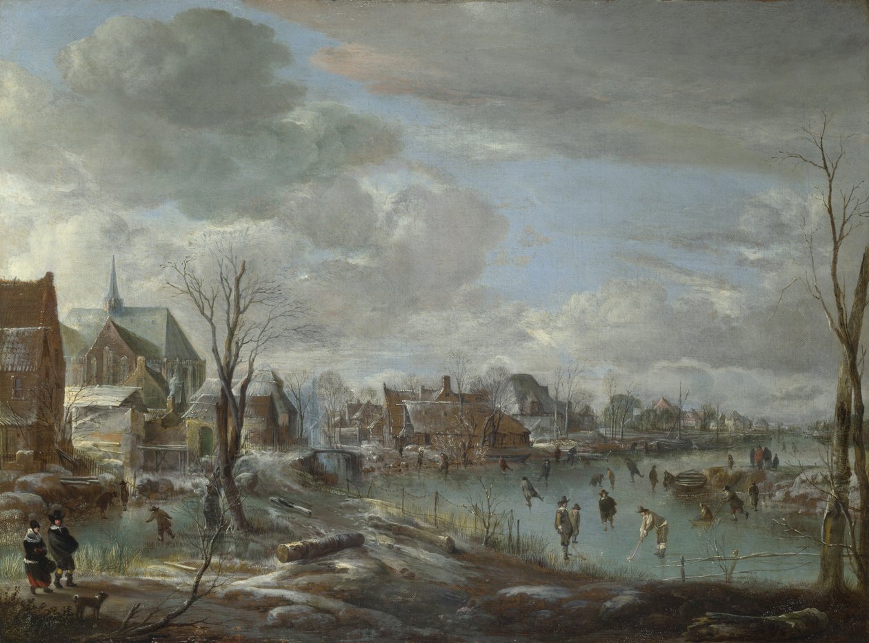 गोल्फर्स और स्केटर्स के साथ एक गांव के पास जमी हुई नदी, c. 1647-1648 द्वारा एर्ट वैन डेर नीर