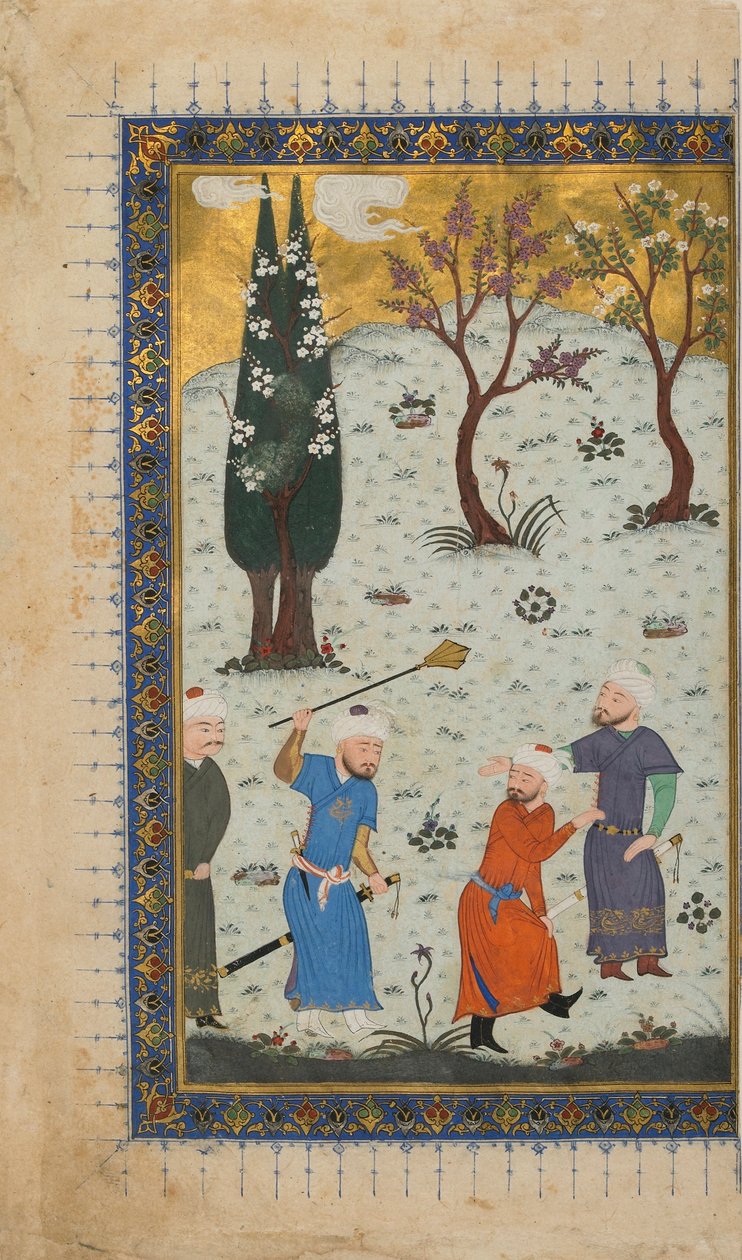 अज्ञात पाठ से फोलियो; रेक्टो: अ अटेंडेड सरप्राइजेड अटेंडेंट्स, हेरात, अफगानिस्तान, c.1425-30 (अपारदर्शी जल रंग, कागज पर स्याही और सोना) द्वारा अफगान स्कूल