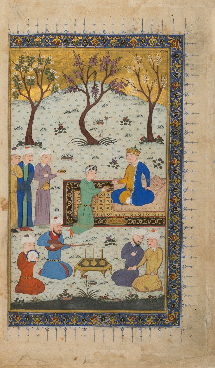 अज्ञात पाठ से फोलियो; छंद: एक राजकुमार उपस्थित, हेरात, अफगानिस्तान, c.1425-30 (अपारदर्शी जल रंग, स्याही, और कागज पर सोना) से घिरा हुआ द्वारा अफगान स्कूल
