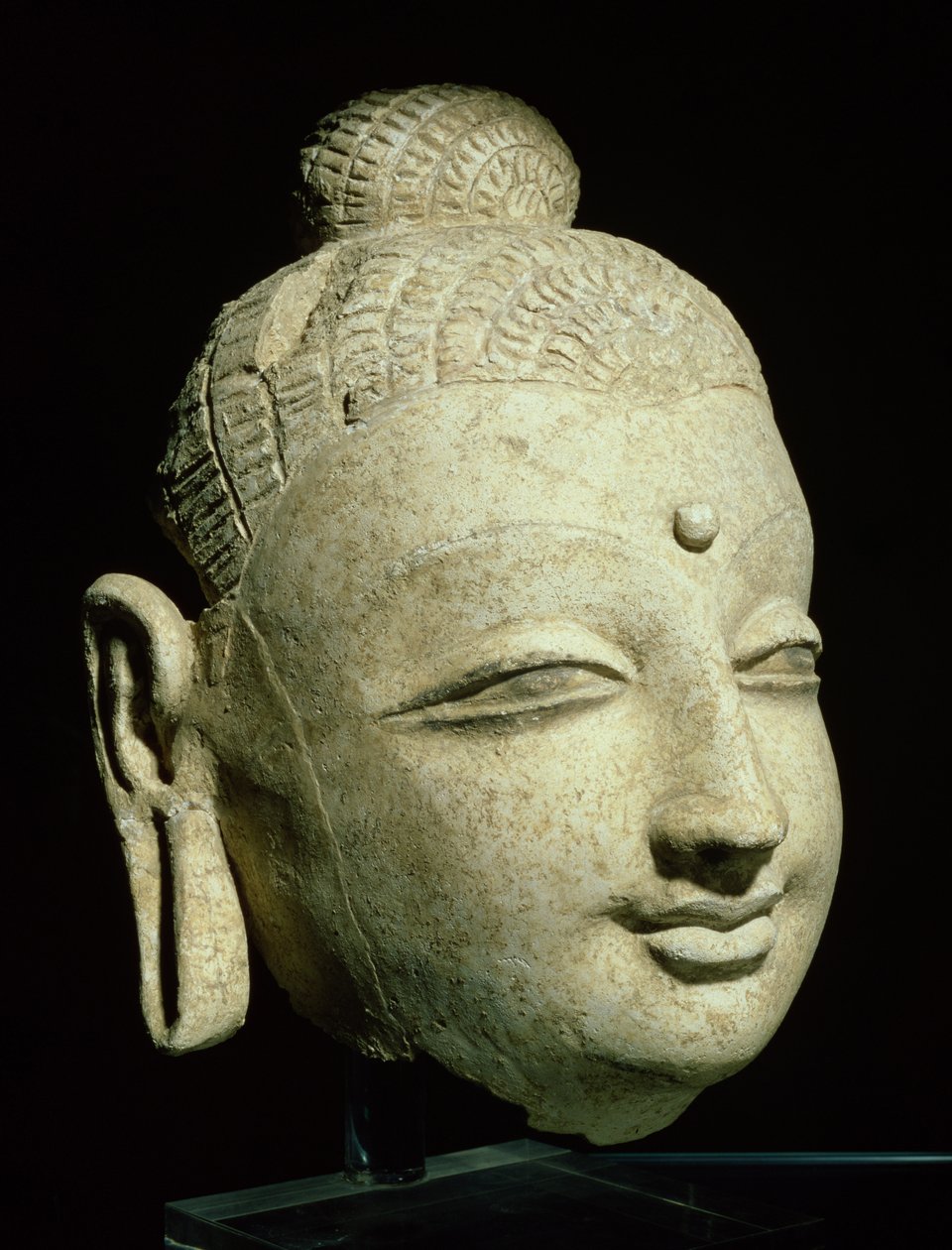 एक मुस्कुराते हुए बुद्ध के सिर, ग्रीको-बौद्ध शैली, अफगानिस्तान से, पहली-चौथी शताब्दी (प्लास्टर) द्वारा अफगान स्कूल