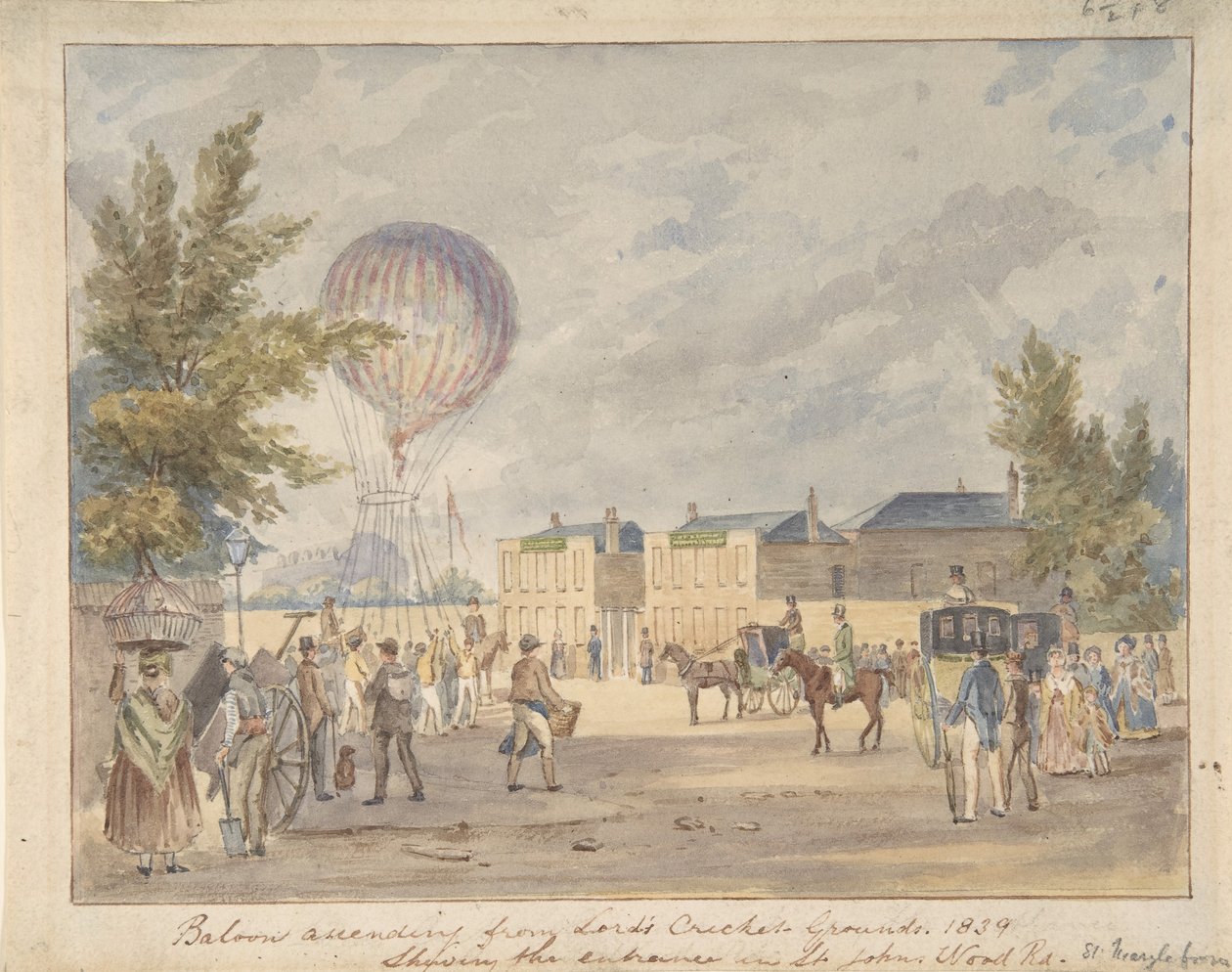 लॉर्ड्स क्रिकेट ग्राउंड के प्रवेश द्वार के पास गुब्बारा चढ़ना, 1839, ca. 1839 द्वारा रॉबर्ट ब्रेमेल श्नेबेली के बाद।