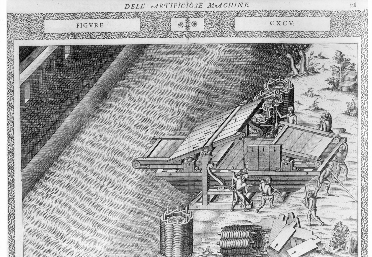 1588 में पेरिस में प्रकाशित अगस्टिनो रामेली द्वारा प्रकाशित &39;विविध काल्पनिक मशीनों&39; से एक नाव के आकार में बना पुल द्वारा अगोस्तीनो रमेली