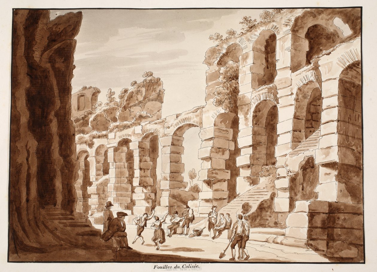 कोलोसियम, 1883 में उत्खनन (भूरी धुलाई के साथ उत्कीर्णन) द्वारा एगोस्टिनो टोफ़ानेलि