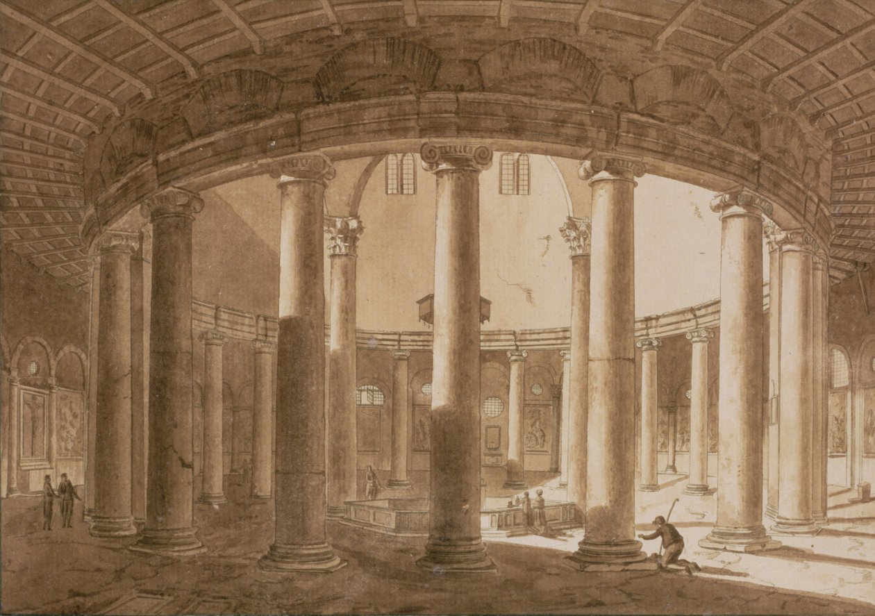 रोम में क्लॉडियस के मंदिर का इंटीरियर, c.1800 (कागज पर पेन सेपिया वॉश) द्वारा एगोस्टिनो टोफ़ानेलि